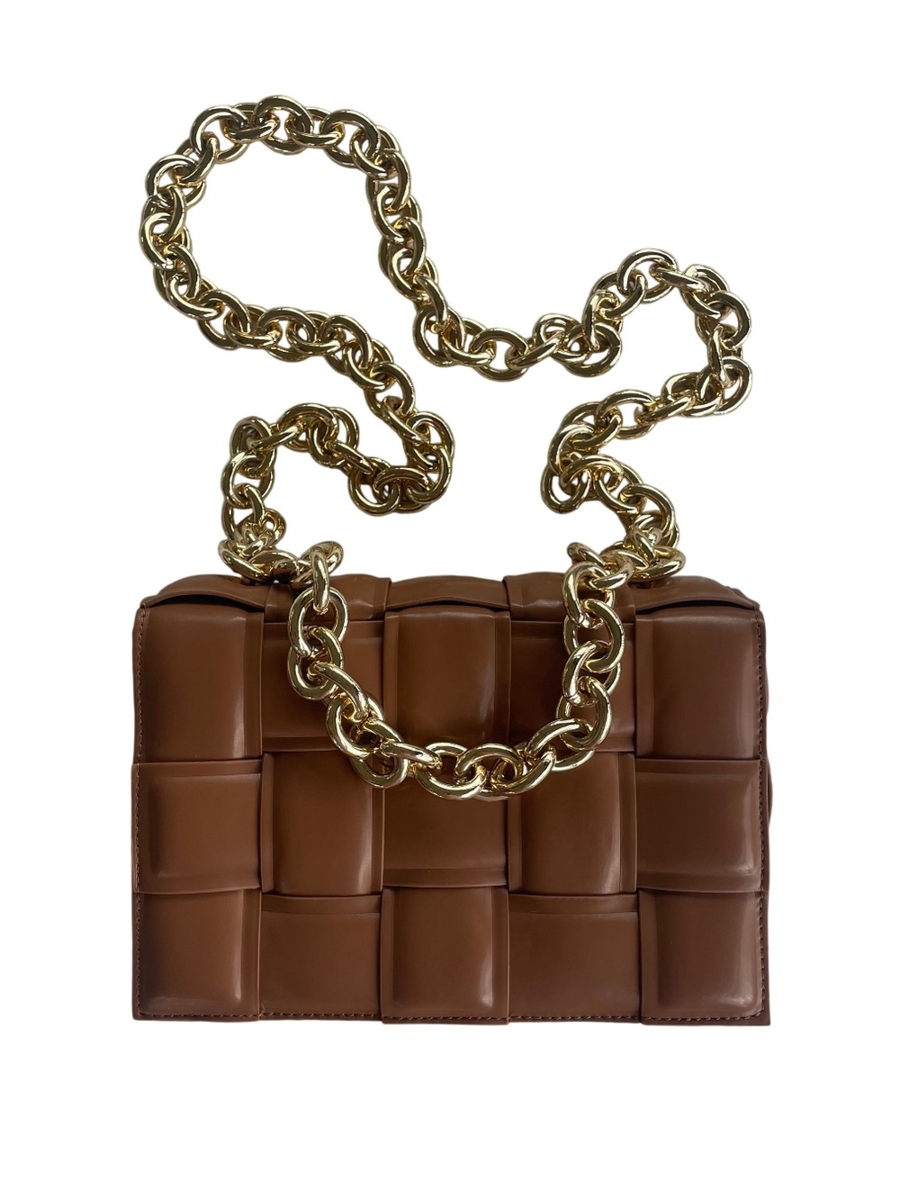 Padded Cassette Style Woven Crossbody Bag with Gold Chain